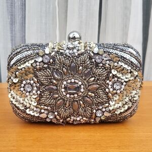 True Decadence Silver and Gold Beaded Clutch NWT